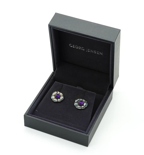 A PAIR OF GEORG JENSEN SILVER AND CABOCHON AMETHYST EARSTUDS