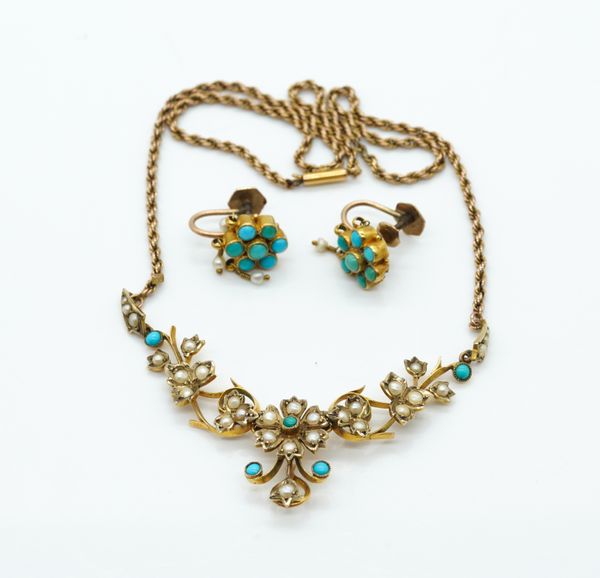 AN EDWARDIAN GOLD, SEED PEARL AND TURQUOISE NECKLACE AND A PAIR OF EARRINGS (2)