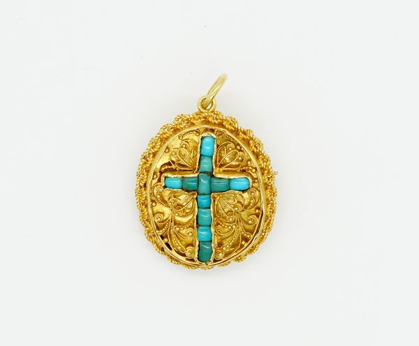 A GOLD AND TURQUOISE OVAL PENDANT BROOCH