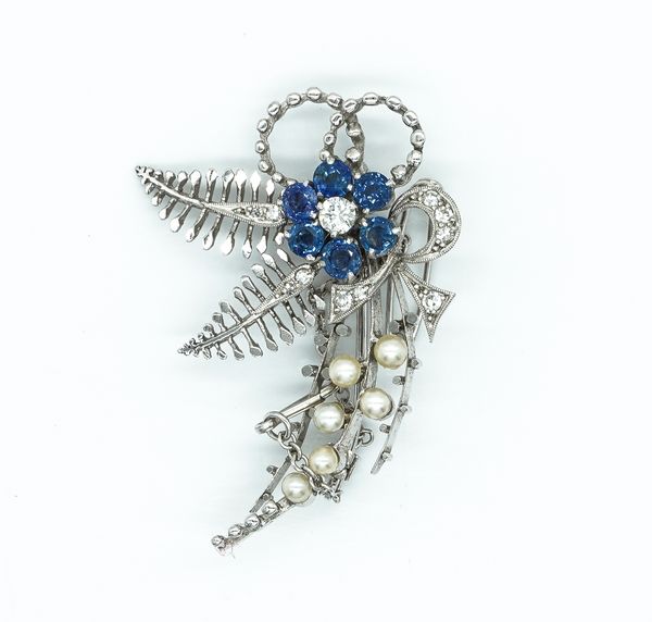 A WHITE GOLD, SAPPHIRE, DIAMOND AND CULTURED PEARL BROOCH