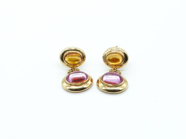 A PAIR OF 9CT GOLD AND SYNTHETIC SAPPHIRE TWO STONE DROP EARRINGS