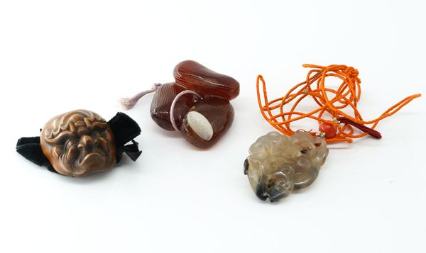 TWO ASIAN AGATE PENDANTS AND A BROOCH (3)