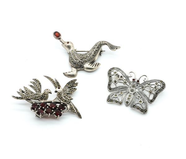 THREE MARCASITE AND GEM SET SILVER BROOCHES (3)