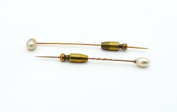 TWO CULTURED PEARL STICK PINS (2)