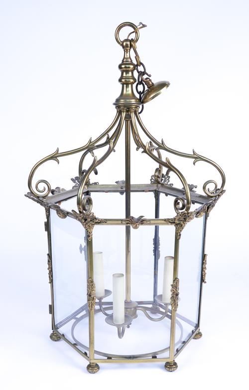 A REGENCY STYLE GILT-BRASS HEXAGONAL HALL LANTERN