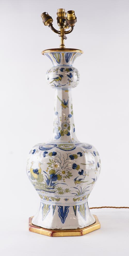 A DUTCH DELFT POLYCHROME BALUSTER VASE TABLE LAMP