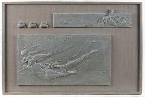 GILBERT BAYES (BRITISH, 1872-1953): 'THE DERELICT' FRAMED CAST METAL NAUTICAL PLAQUES