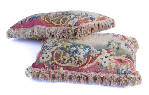 A PAIR OF AUBUSSON TAPESTRY FRAGMENT CUSHIONS (2)