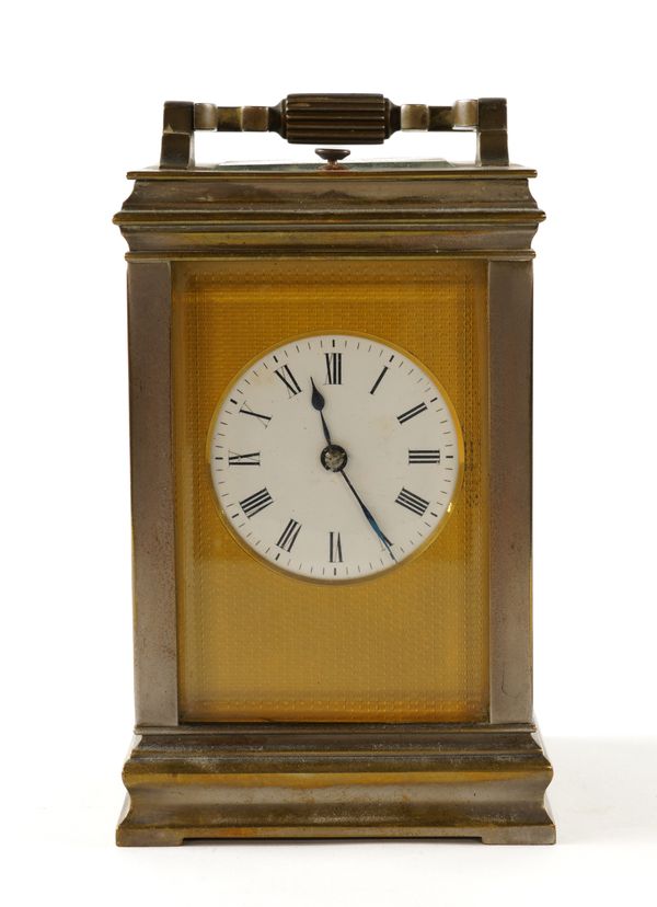 A FRENCH GILT-BRASS CORNICHE CASED STRIKING BELL CARRIAGE CLOCK