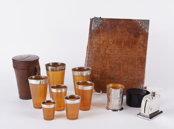 A GROUP OF SILVER AND SILVER-MOUNTED ITEMS INCLUDING MINIATURE POSTAL SCALES