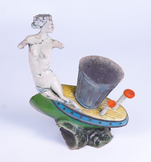 LAWSON E. RUDGE (BRITISH B.1936): 'VENUS ON A BOAT' CERAMIC SCULPTURE