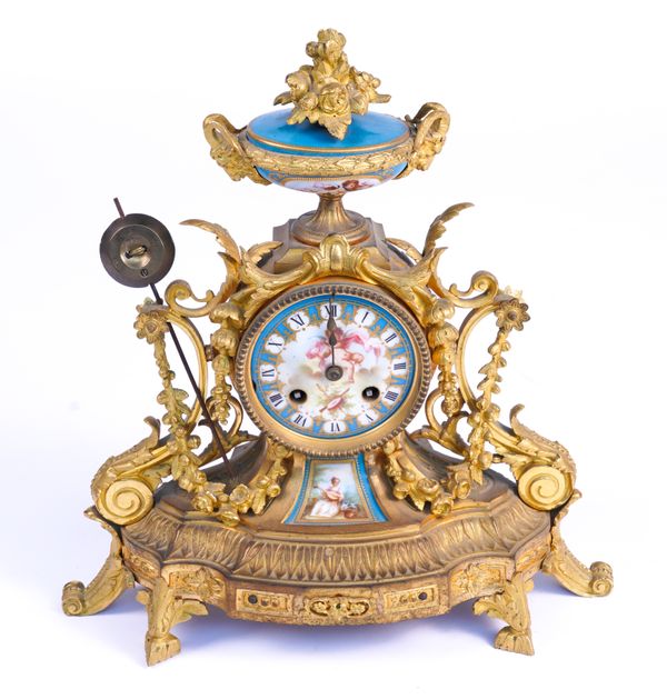 A FRENCH LOUIS XVI STYLE SEVRES STYLE PORCELAIN MOUNTED GILT-METAL MANTEL CLOCK