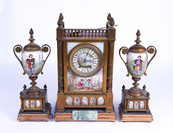 A VICTORIAN PORCELAIN AND GILT-METAL CLOCK GARNITURE (3)