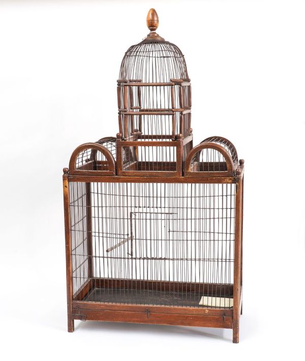 A WIREWORK AND FRUITWOOD ARCHITECTURAL BIRDCAGE