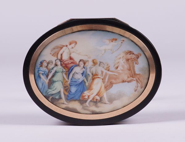 A NAPOLEON III GOLD MOUNTED TORTOISESHELL AND PAINTED SNUFF BOX DEPICTING APOLLO IN HIS CHARIOT