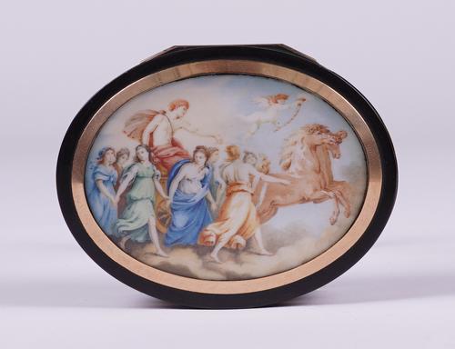 A NAPOLEON III GOLD MOUNTED TORTOISESHELL AND PAINTED SNUFF BOX DEPICTING APOLLO IN HIS CHARIOT
