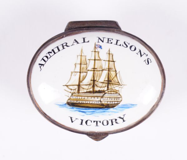 AN ENGLISH ENAMEL COMMEMORATIVE ADMIRAL NELSON’S VICTORY PATCH BOX