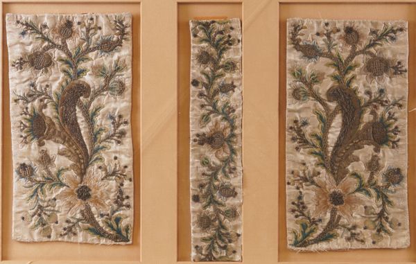 THREE SILK AND WIREWORK EMBROIDERED ENGLISH PANELS (3)