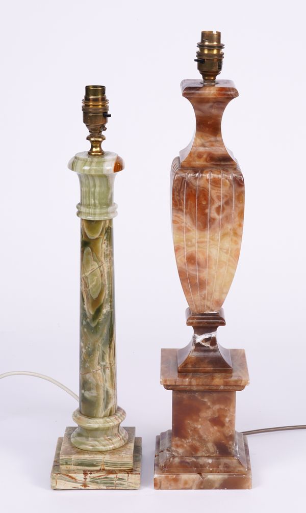 A GREEN ONYX COLUMN TABLE LAMP AND AN ALABASTER EXAMPLE (2)