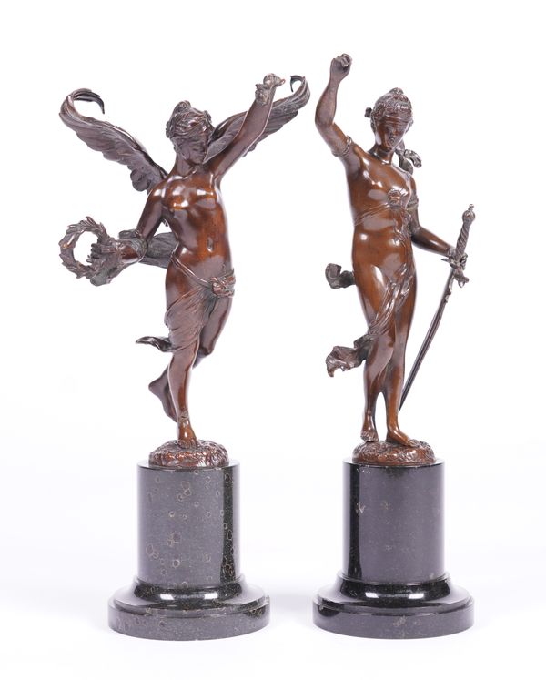 A PAIR OF FRENCH BRONZE FIGURES OF THE WINGED VICTORY AND JUSTICE (2)