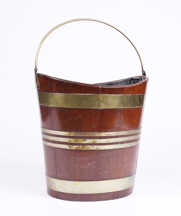 A GEORGE III COOPERED BRASS BOUND NAVETTE BUCKET