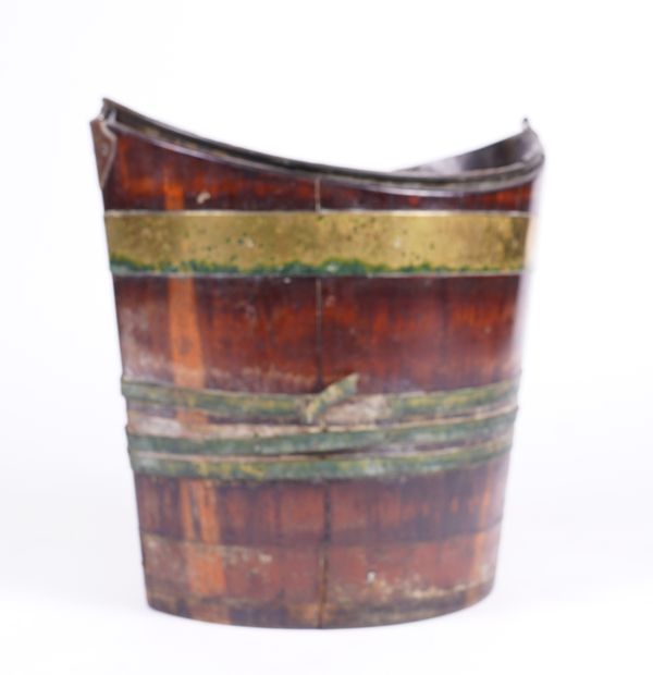 A GEORGE III COOPERED BRASS BANDED NAVETTE  BUCKET