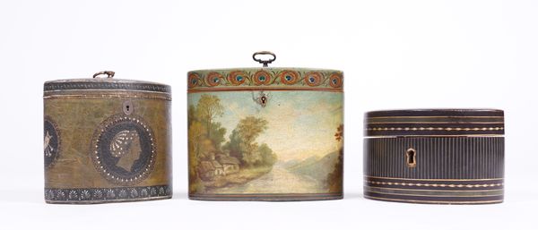 A GEORGE III STYLE OVAL TEA CADDY WITH PAINTED LANDSCAPE DECORATION (3)