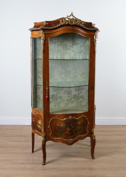 A GILT-METAL MOUNTED KINGWOOD SERPENTINE FRONTED VITRINE WITH VERNIS MARTIN LOWER PANELS