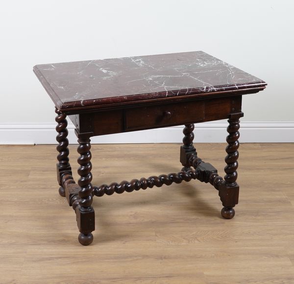 A 17TH CENTURY AND LATER CONTINENTAL WALNUT SINGLE DRAWER SIDE TABLE WITH LATER ASSOCIATED MARBLE TOP