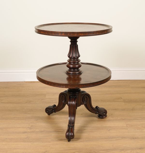 ATTRIBUTED TO GILLOWS; A WILLIAM IV MAHOGANY CIRCULAR TWO TIER DUMB WAITER ON TRIPOD BASE