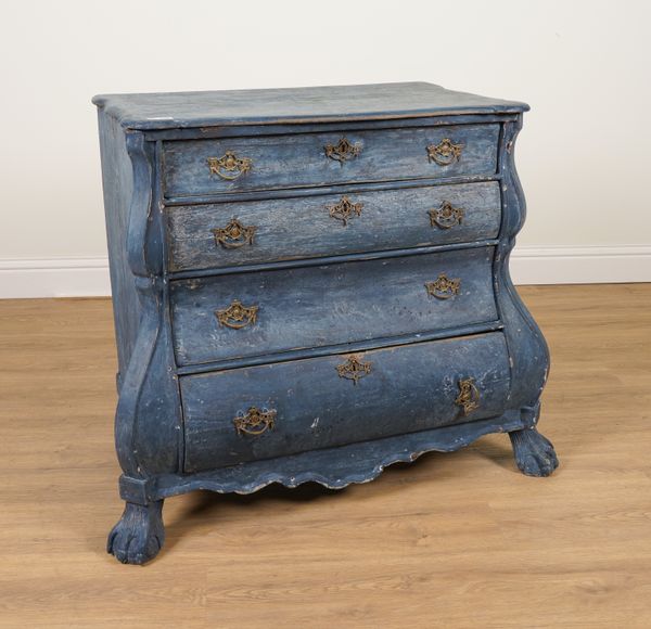 AN EARLY 19TH CENTURY DUTCH LATER INK BLUE PAINTED BOMBE FOUR DRAWER COMMODE ON BALL AND CLAW FEET