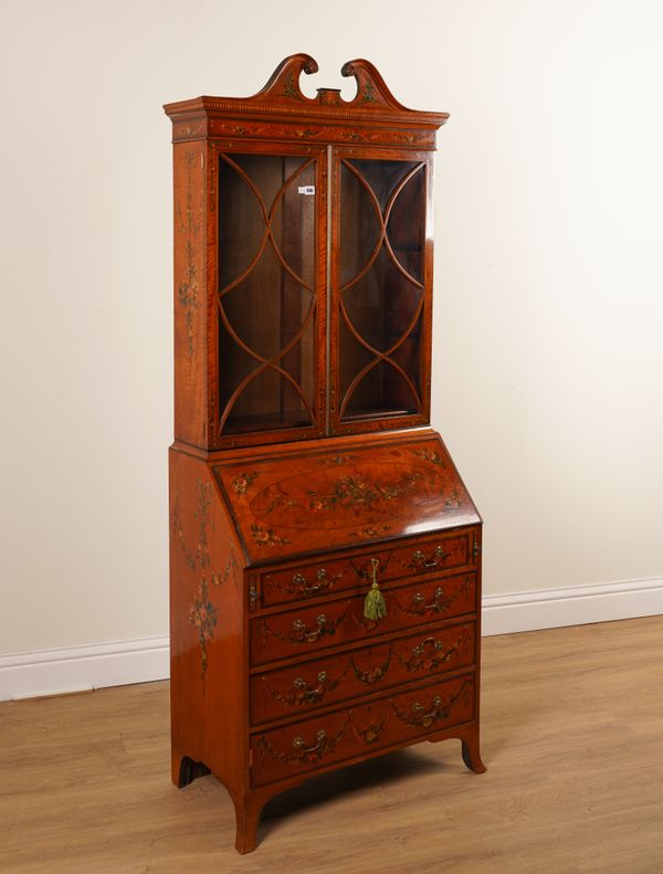 AFTER ROBERT ADAM; A LATE 19TH CENTURY FLORAL POLYCHROME PAINTED SATINWOOD BUREAU BOOKCASE