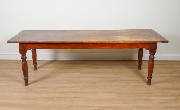 A 19TH CENTURY BIRCHWOOD  CLEATED TWIN PLANK KITCHEN TABLE ON TURNED SUPPORTS