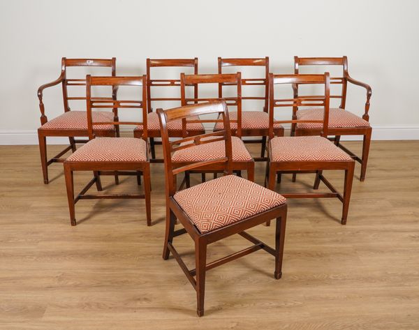 A SET OF EIGHT GEORGE IV STYLE INLAID MAHOGANY BAR BACK DINING CHAIRS (8)