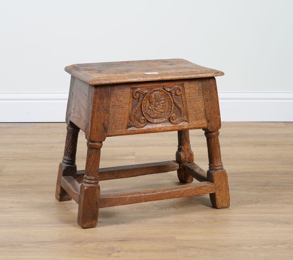 A 17TH CENTURY CENTURY STYLE OAK BOX SEAT STOOL