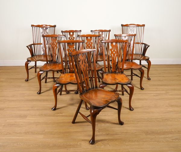 A SET OF TEN MID 18TH CENTURY STYLE PIERCED SPLAT AND SPINDLE BACK BEECH AND ELM WINDSOR DINING CHAIRS (10)