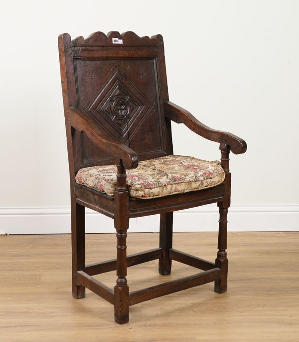 17TH CENTURY OAK WAINSCOT PANEL BACK OPEN ARMCHAIR