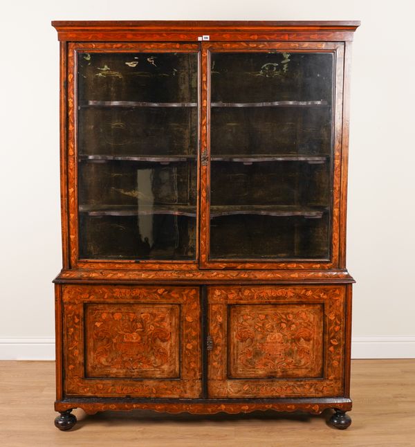 AN 18TH CENTURY DUTCH FLORAL MARQUETRY INLAID WALNUT DISPLAY CABINET/CUPBOARD ON BUN FEET