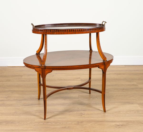 AN EDWARDIAN POLYCHROME PAINTED SATINWOOD OVAL TWO TIER OCCASIONAL TABLE WITH LIFT-OFF TRAY TOP