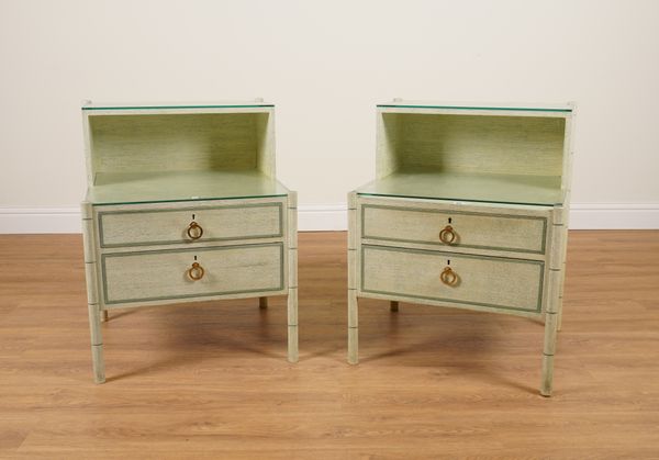 A PAIR OF MODERN GREEN PAINTED TWO DRAWER BEDSIDE TABLES (2)