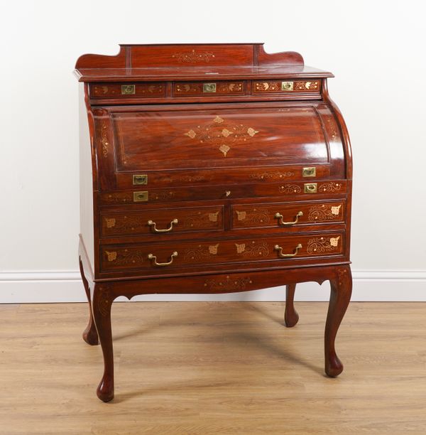 A 20TH CENTURY BRASS AND COPPER INLAID CYLINDER BUREAU ON CABRIOLE SUPPORTS