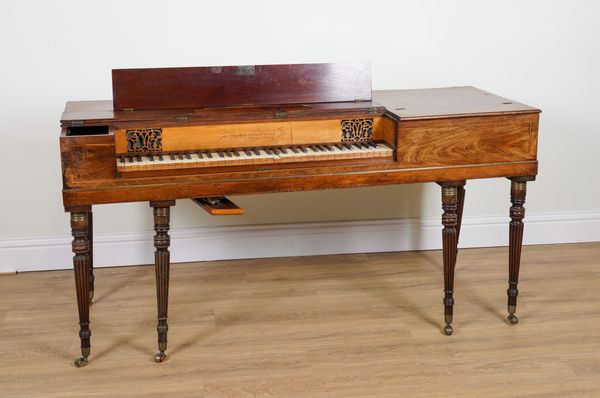 MUIR WOOD AND COMPANY EDINBURGH; AN EARLY 19TH CENTURY MAHOGANY FRAMED SQUARE PIANO ON TWIST OF REEDED SUPPORTS