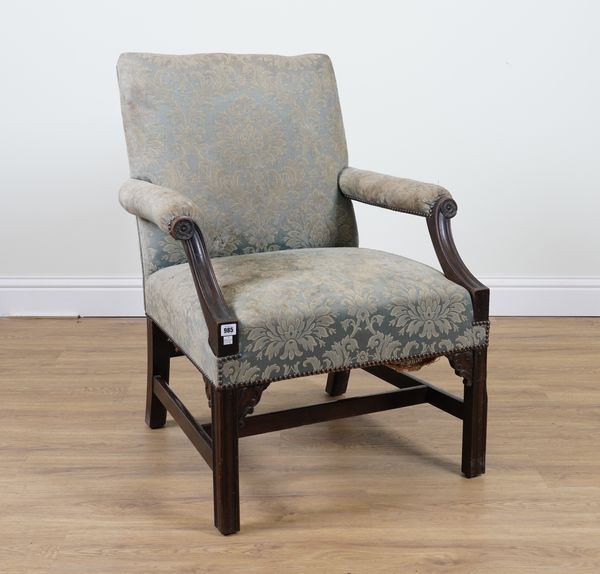 A GEORGE III MAHOGANY OPEN ARM GAINSBOROUGH STYLE CHAIR