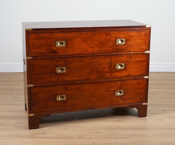 A CAMPAIGN STYLE BRASS BOUND MAHOGANY THREE DRAWER CHEST