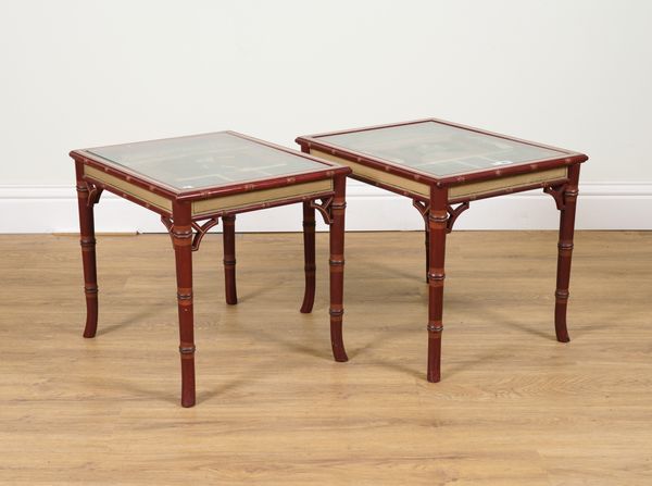 A GRADUATED PAIR OF RED PAINTED FAUX BAMBOO OCCASIONAL TABLES (2)