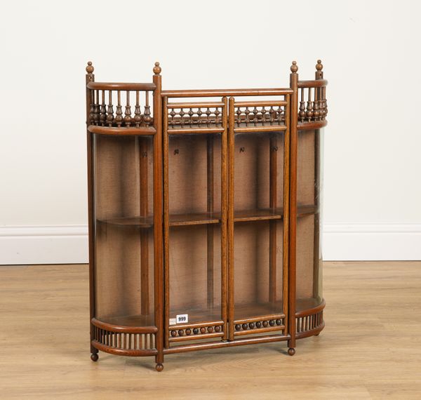 POSSIBLY THONET; A STAINED BEECH AND BOBBIN TURNED WALL HANGING DISPLAY CABINET