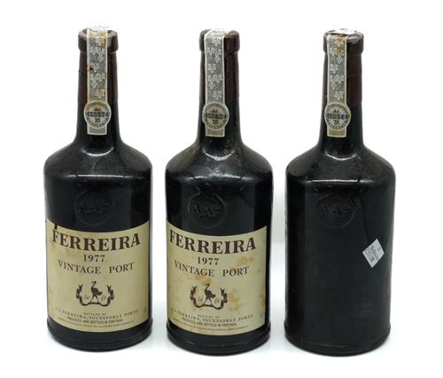 THREE BOTTLES OF FERREIRA PORT 1977 (3)