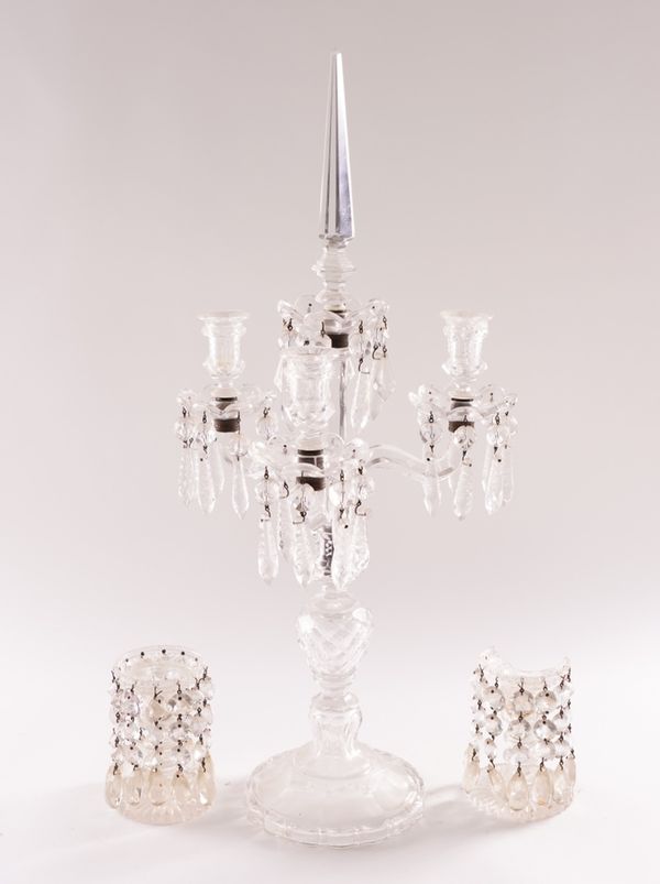 A VICTORIAN GLASS LUSTRE THREE LIGHT CANDELABRUM AND A PAIR OF CANDLESTICKS (3)