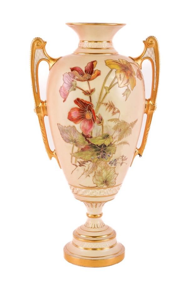 A TALL ROYAL WORCESTER TWO-HANDLED BLUSH IVORY VASE BY EDWARD RABY