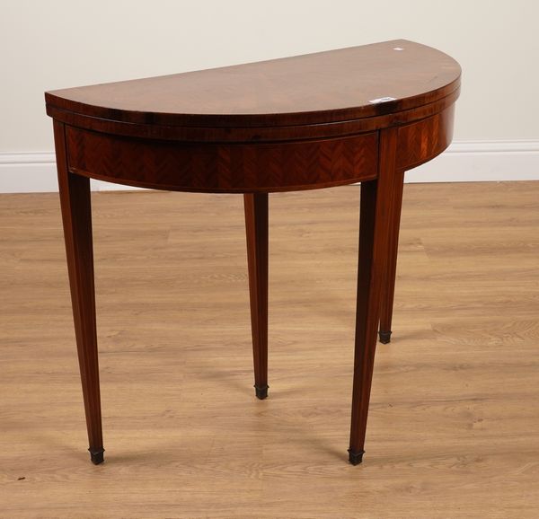 AN 18TH CENTURY STYLE CHEVRON PARQUETRY INLAID KINGWOOD DEMI -LUNE CARD TABLE